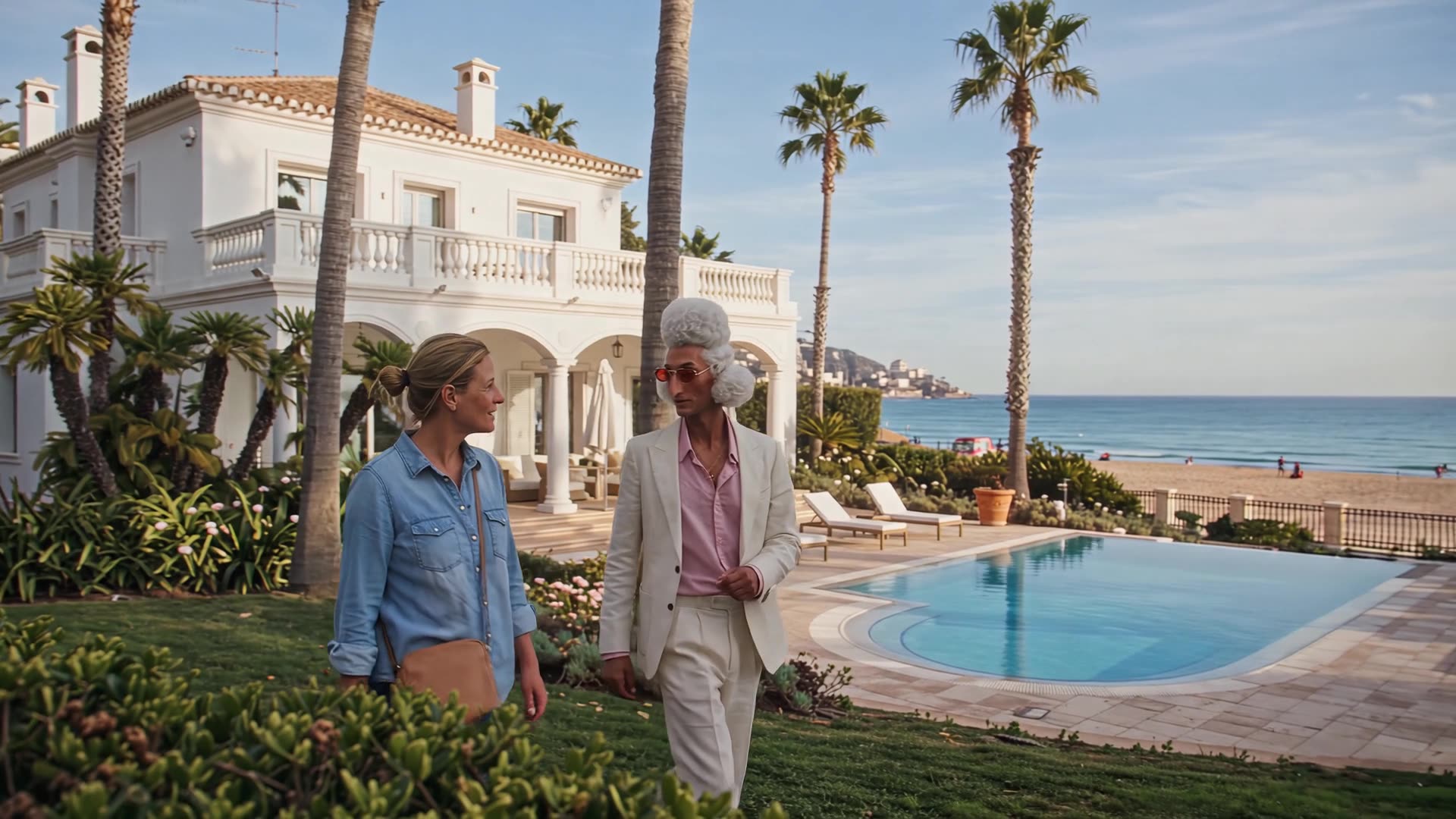 Episodio 5: el Caniche y Hannah pasean por una villa con piscina frente al mar
